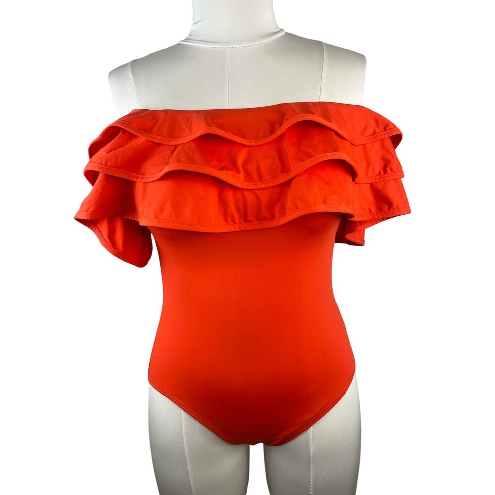 Kate Spade Palm Beach Ruffle Off Shoulder One Piece Swimsuit Tomato Red M